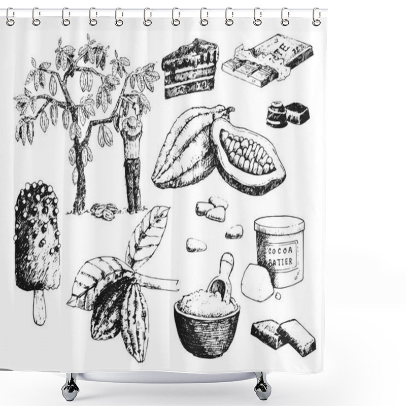 Personality  Vector Cocoa Products Hand Drawn Sketch Doodle Food Chocolate Sweet Illustration. Shower Curtains