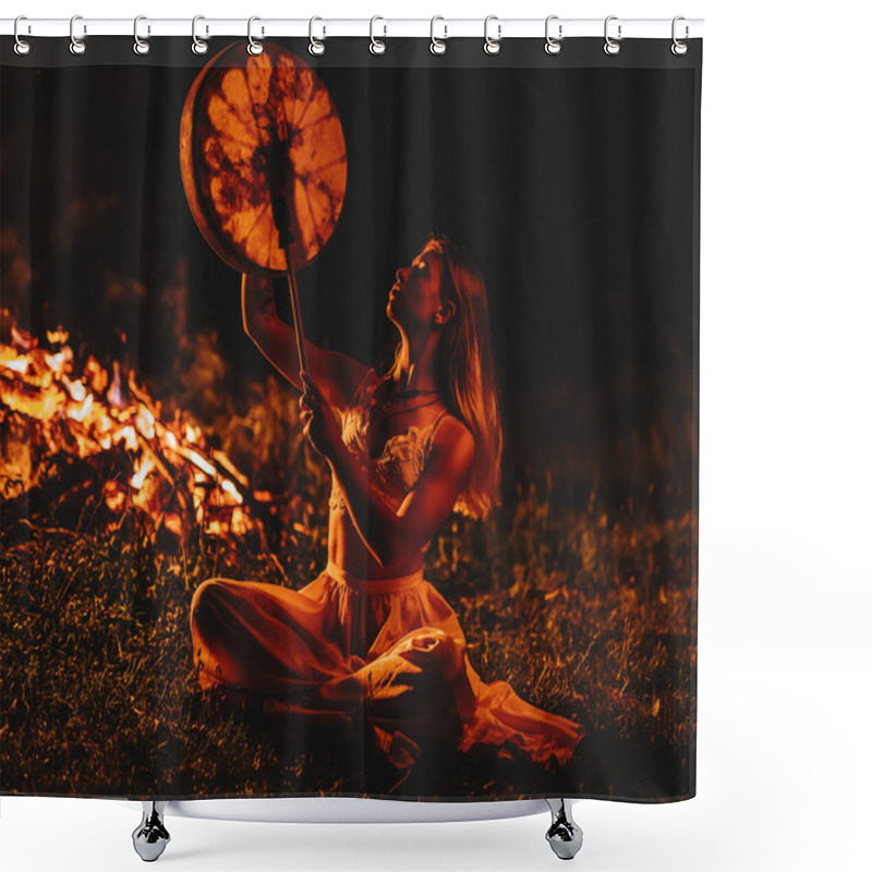 Personality  Beautiful Shamanic Girl Playing On Shaman Frame Drum In The Nature. Shower Curtains