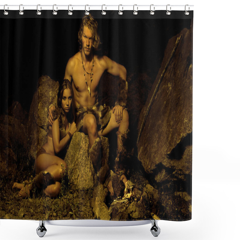 Personality  Primitive Man And His Woman Sitting Near The Fire In The Cave Shower Curtains