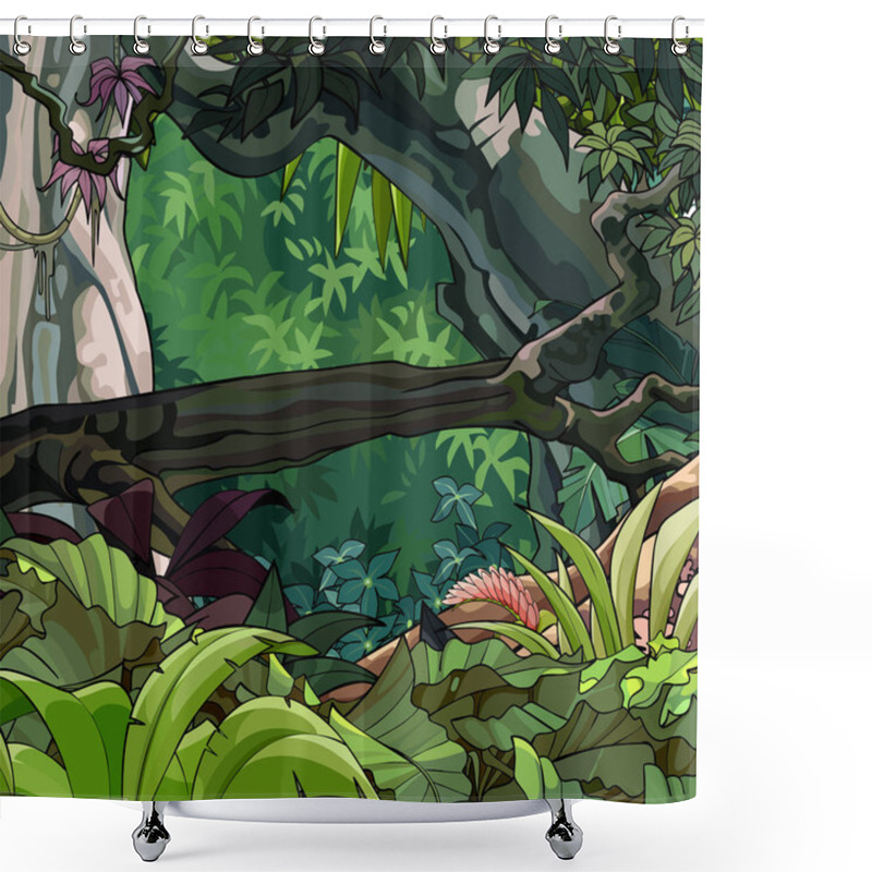 Personality  Cartoon Tropical Forest With A Tumbled Down Tree And Lush Growing Plants Shower Curtains