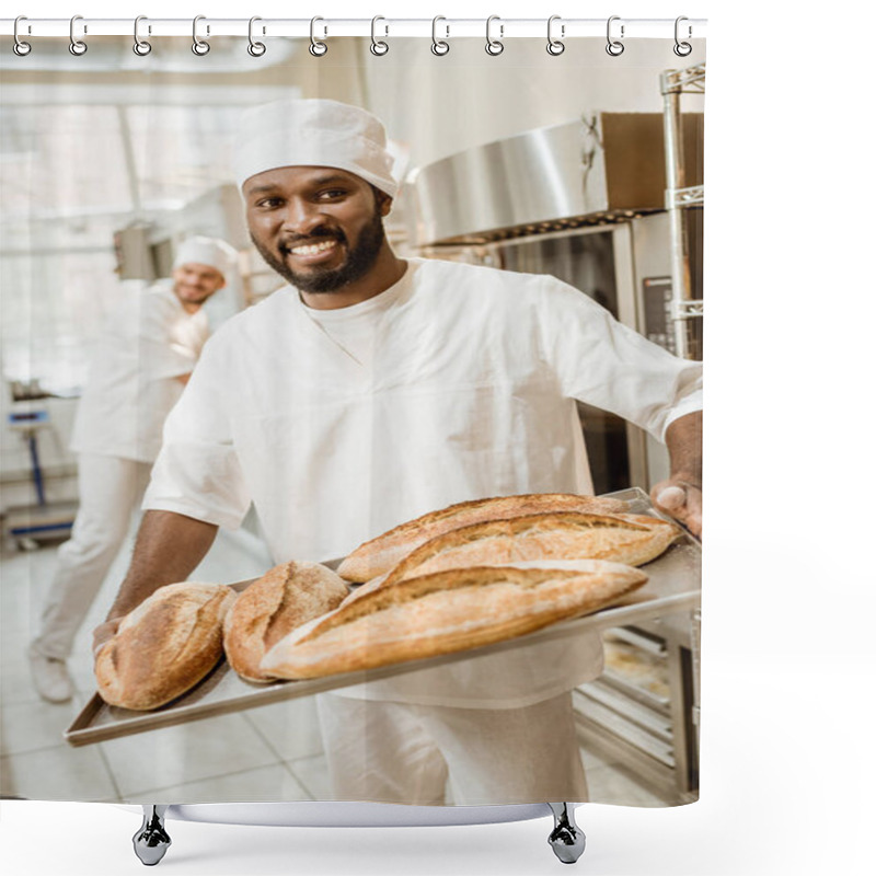 Personality  African American Baker Taking Bread Loaves From Oven At Baking Manufacture Shower Curtains