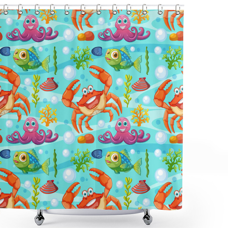 Personality  Vibrant Sea Life Illustration With Crabs And Fish Shower Curtains