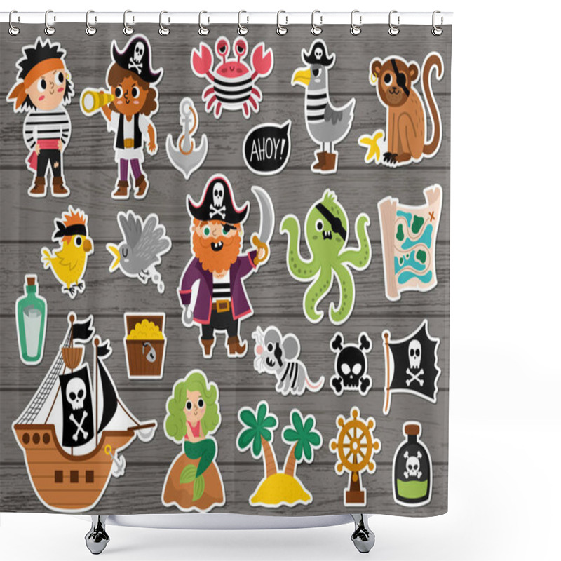 Personality  Vector Pirate Stickers Set. Cute Sea Adventures Patches Icons Collection. Treasure Island Illustrations With Ship, Chest, Map, Parrot, Monkey, Map. Funny Pirate Party Elements On Wooden Backgroun Shower Curtains