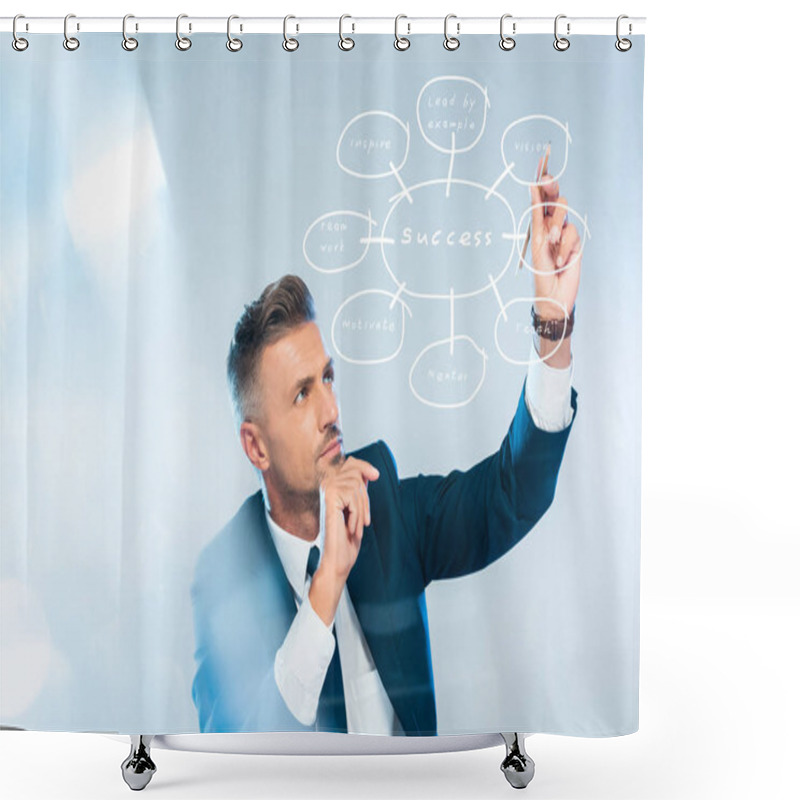 Personality  Handsome Businessman Drawing Success Strategy Isolated On White, Artificial Intelligence Concept Shower Curtains