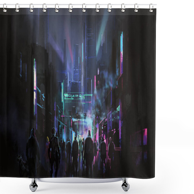 Personality  Cyberpunk Style Futuristic City Street, 3d Illustration. Shower Curtains