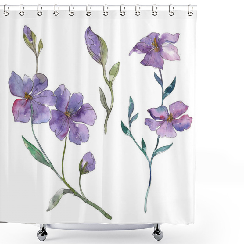 Personality  Blue And Purple Flax Floral Botanical Flower. Wild Spring Leaf Wildflower Isolated. Watercolor Background Illustration Set. Watercolour Drawing Fashion Aquarelle. Isolated Flax Illustration Element. Shower Curtains