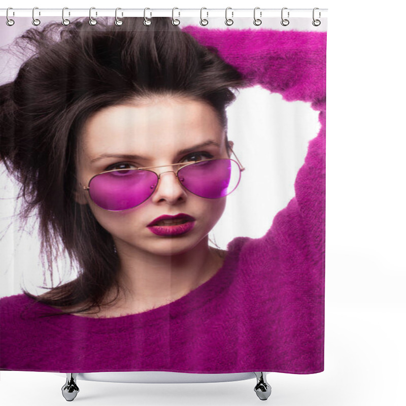 Personality  Girl In A Purple Sweater, Purple Glasses With Purple Lipstick On Her Lips Shower Curtains