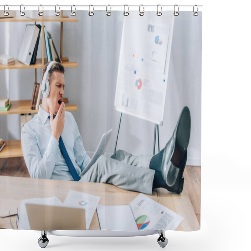 Personality  Tired Businessman In Headphones Yawning While Doing Paperwork In Office  Shower Curtains