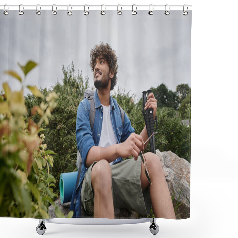 Personality  Happy Indian Man Sitting With Backpack And Holding Hiking Sticks During Trekking, Wild Nature Shower Curtains