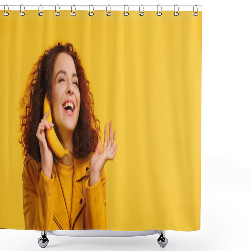 Personality  Curly Woman Imitating Phone Conversation With Banana And Smiling Isolated On Yellow Shower Curtains