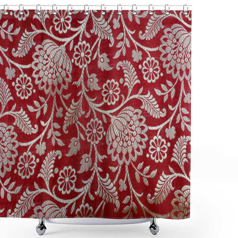 Personality  Luxurious Red Silk Fabric Is Adorned With An Exquisite Floral Brocade Design, Intricately Woven With Golden Threads. Shower Curtains