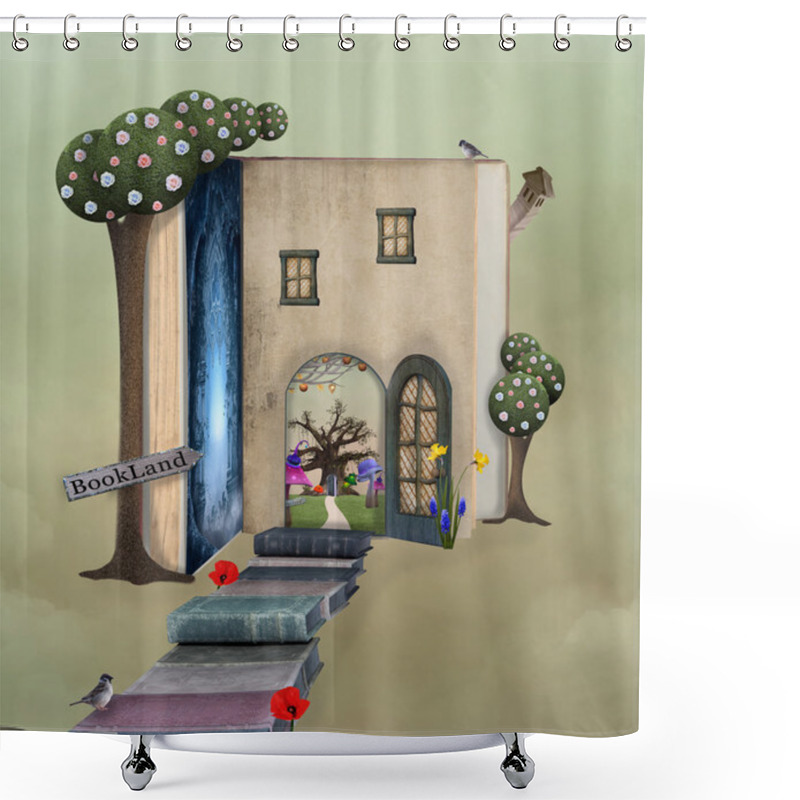 Personality  Books Pathway And Book House - 3D And Digital Painted Illustratio Shower Curtains