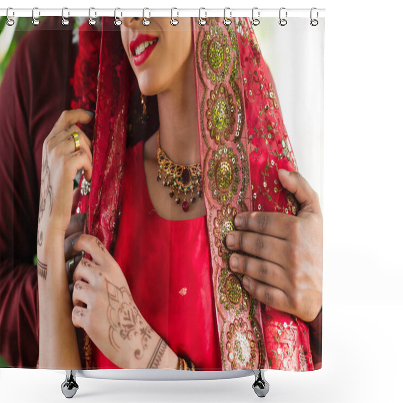 Personality  Cropped View Of Indian Man Hugging Bride In Red Sari  Shower Curtains