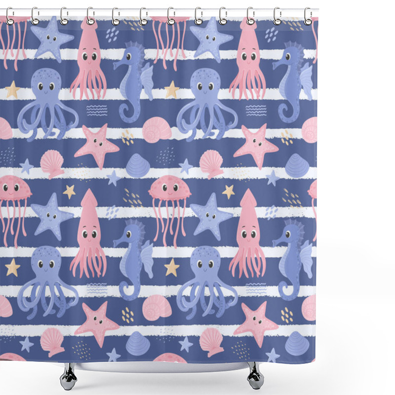 Personality  Seamless Pattern With Squid, Octopus, Seahorse And Jellyfish. Cute Ocean Characters In Underwater World. Marine Animals And Shells. Cartoon Vector Illustrations On A Dark Blue Background With Stripes Shower Curtains