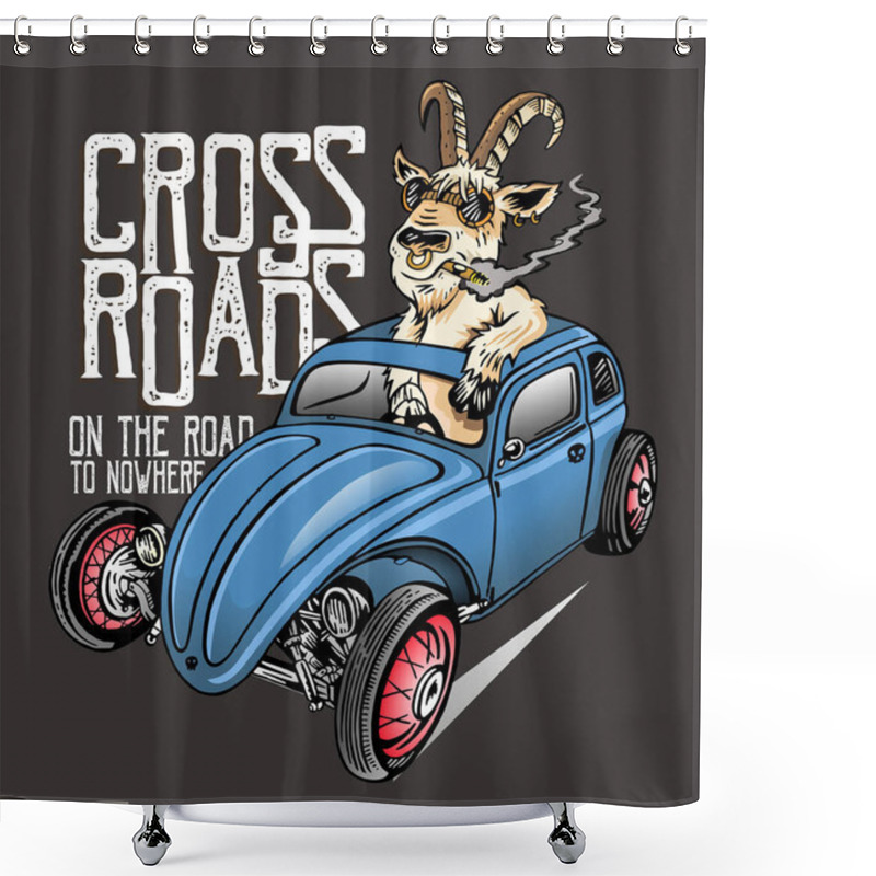 Personality  Illustration Of Old, Modified Car Driven By A Goat In Cartoon Style. Hot Rods Style Art. Design For Posters And T-shirt Prints. Shower Curtains