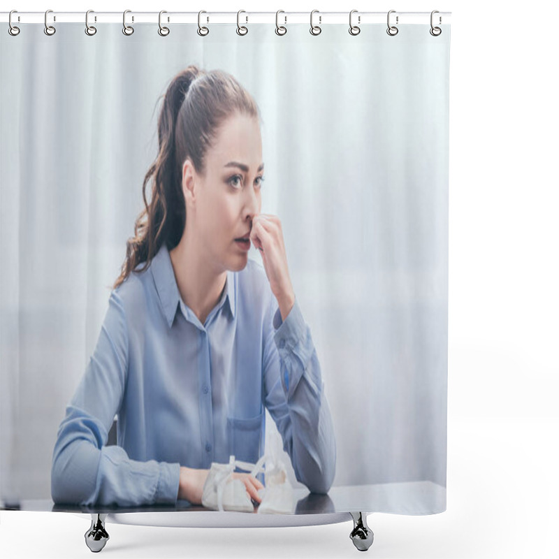 Personality  Sad Woman In Blue Blouse Sitting At Wooden Table With Baby Shoes, Crying And Looking Into Distance At Home, Grieving Disorder Concept Shower Curtains