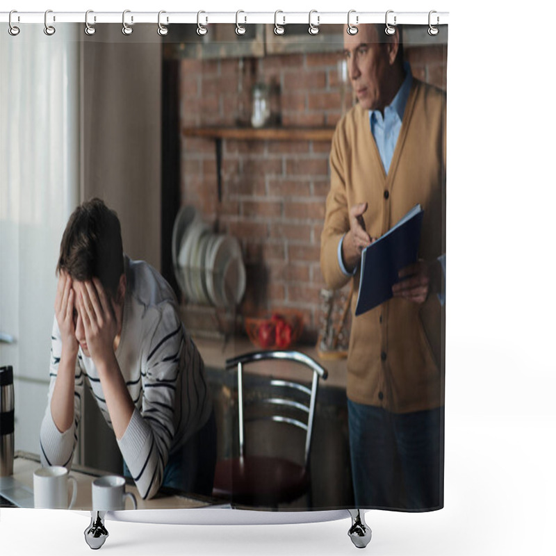 Personality  Sad Boy Keeping His Elbows On The Table Shower Curtains