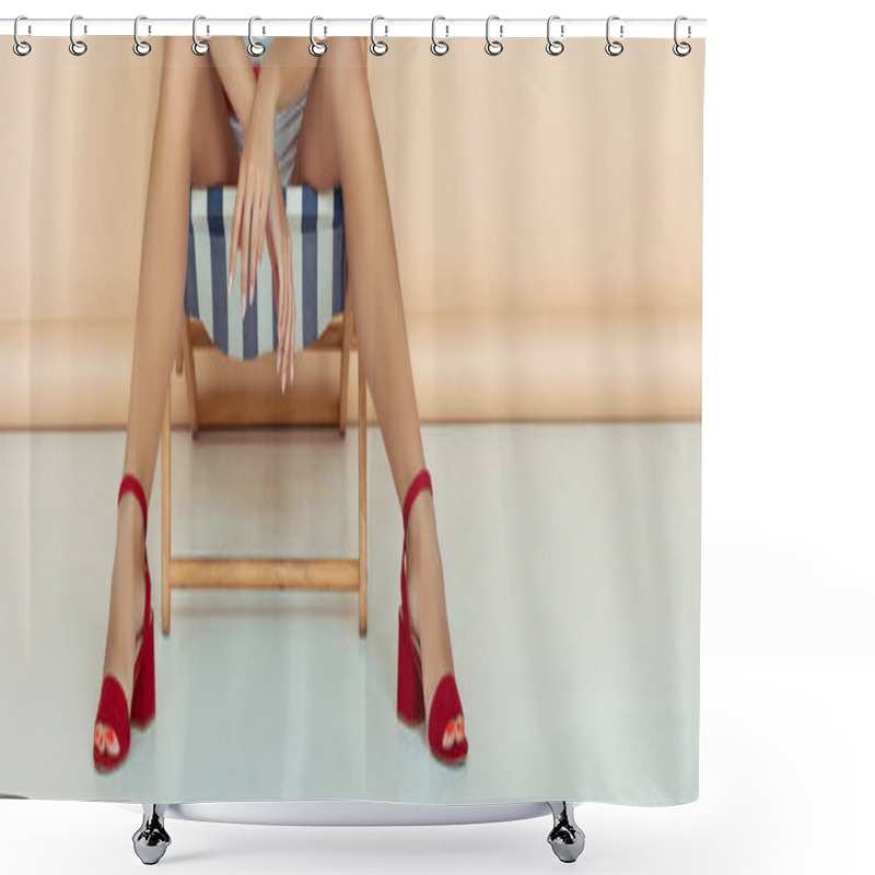 Personality  Panoramic Shot Of Stylish Girl Sitting On Deck Chair On Beige Shower Curtains