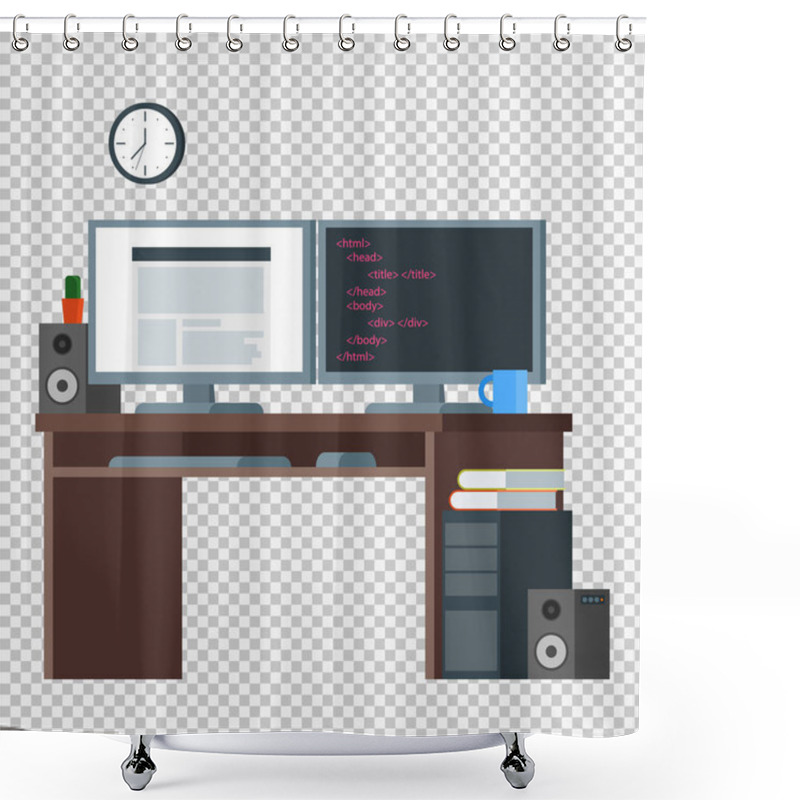 Personality  Front-end Developer Workspace. Flat Design Office Interior Shower Curtains