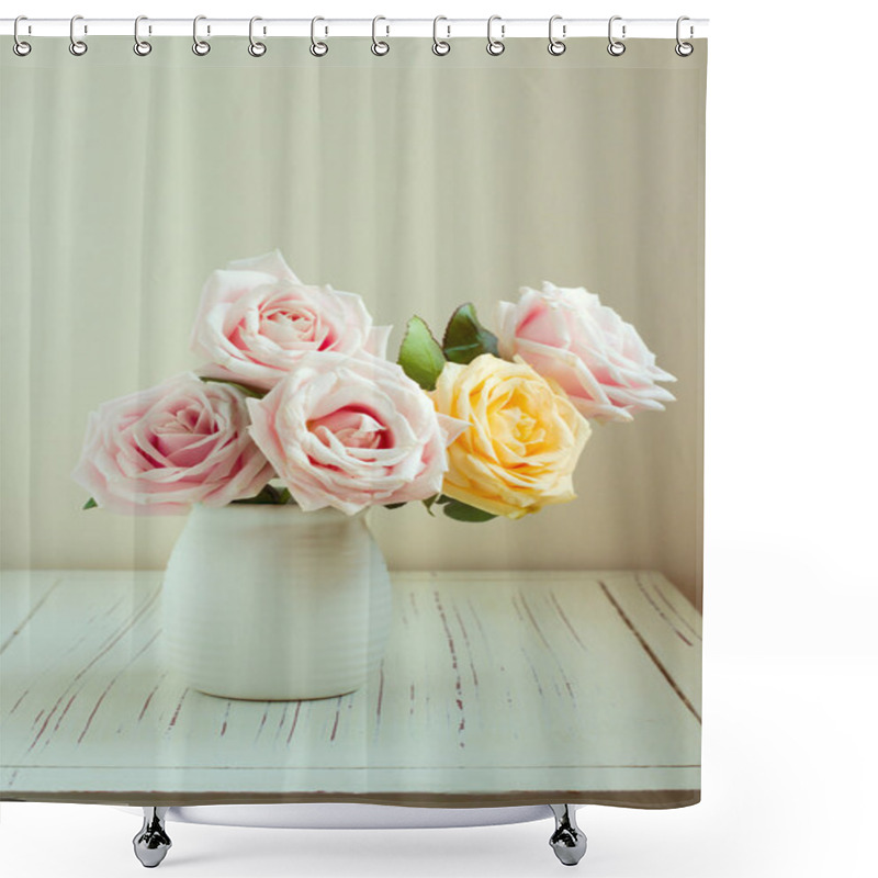 Personality  Beautiful Rose Bouquet On White Table Shower Curtains