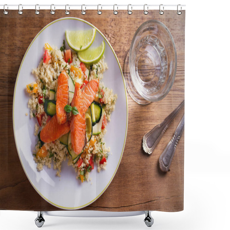 Personality  Roasted Salmon Fish With Tomato Couscous, Zucchini And Lime On White Plate. Overhead, Horizontal Shower Curtains