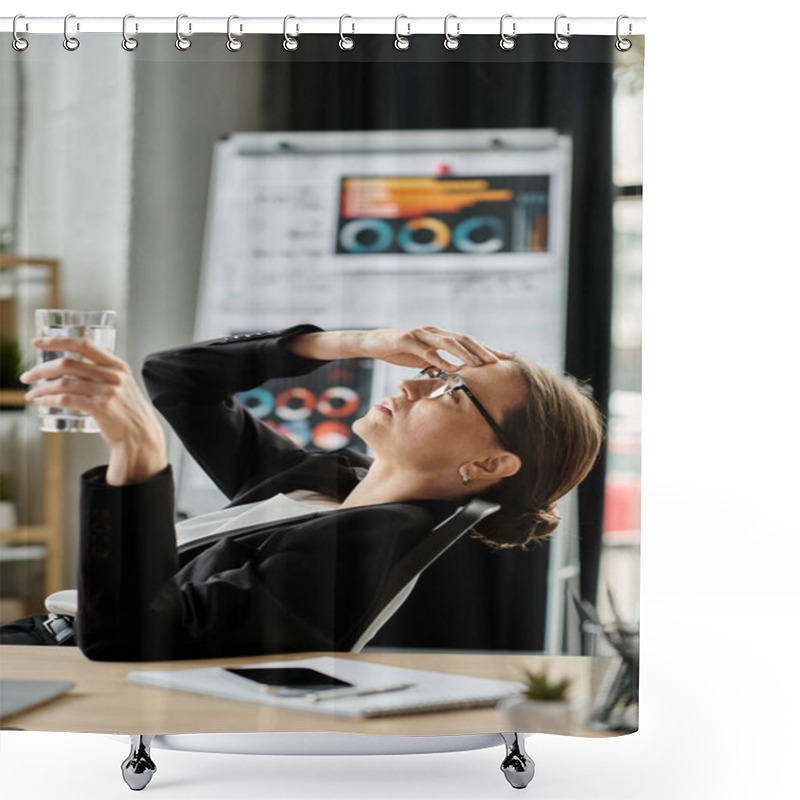 Personality  Middle-aged Woman In Business Suit Relaxing In Front Of Computer Screen, Depression. Shower Curtains