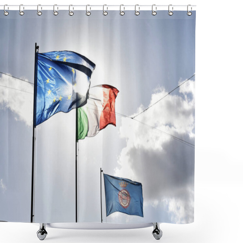 Personality  European Flag, Italian Flag And Nemi's Flag Waving Together In A Clear Sky. Relationship Between The European Union And The Italy. Nemi, Italian Village, Lazio, Italy. Shower Curtains