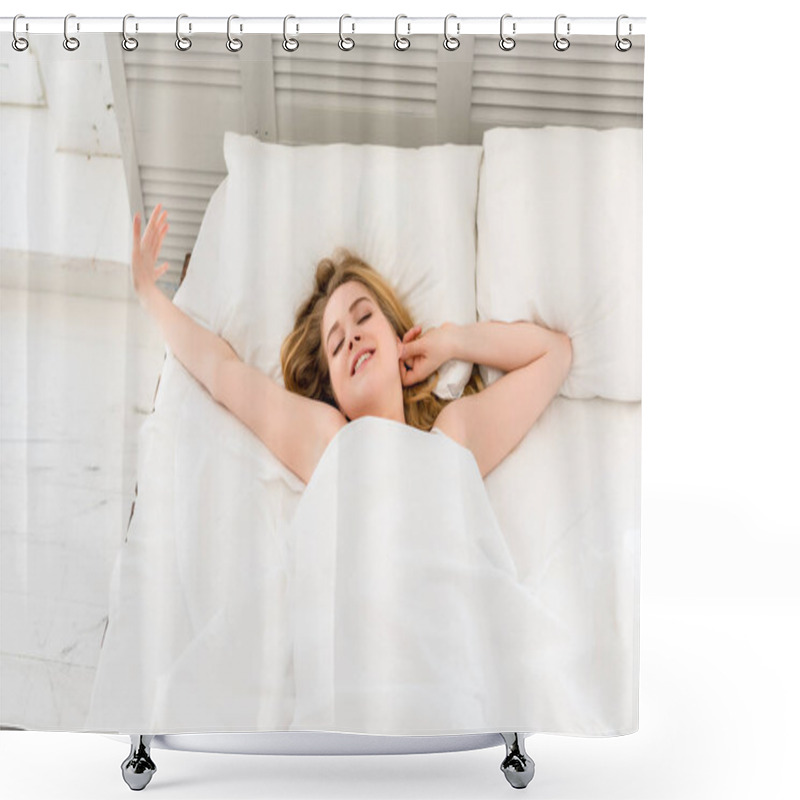 Personality  Attractive Happy Girl Waking Up On Bed In Morning Shower Curtains