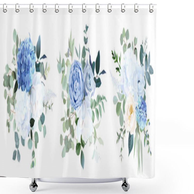 Personality  Dusty Blue Rose, White Hydrangea, Ranunculus, Magnolia, Anemone, Hyacinth, Greenery, Eucalyptus Vector Design Bouquets. Wedding Seasonal Flowers. Floral Watercolor Compositions. Isolated And Editable Shower Curtains