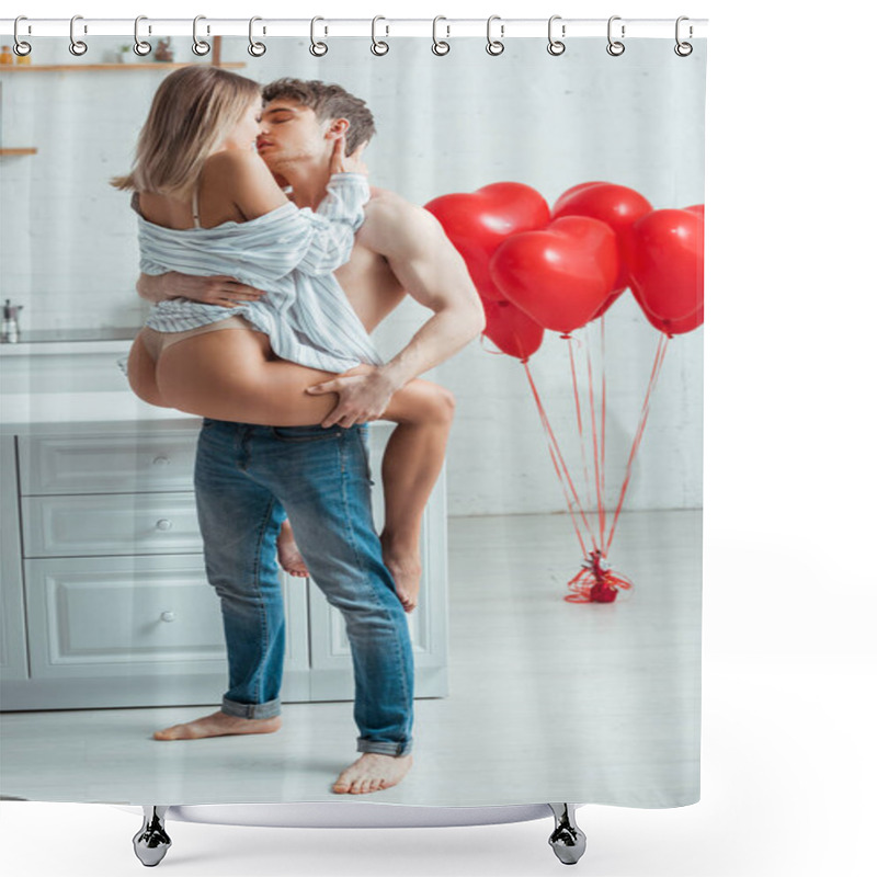 Personality  Handsome Man Holding In Arms Girl And Kissing Near Heart-shaped Balloons  Shower Curtains