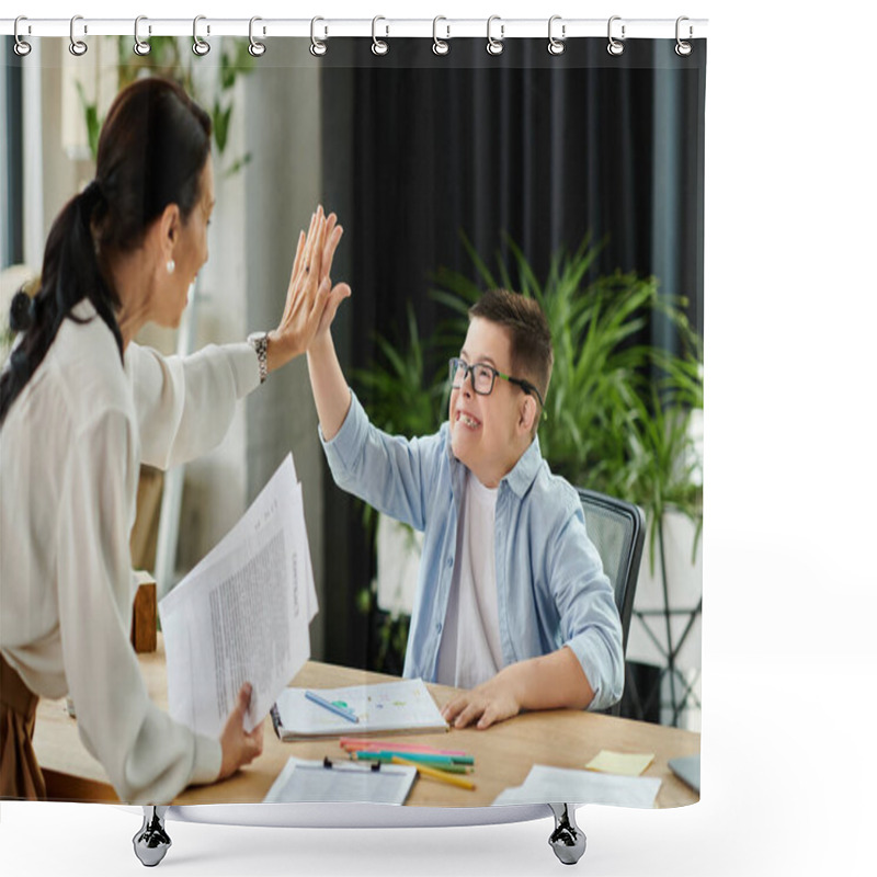 Personality  A Mother And Her Son With Down Syndrome Celebrate A Successful Work Session Together In Their Home Office. Shower Curtains