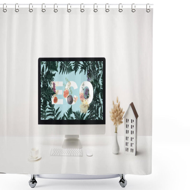 Personality  Computer With Eco Lettering On Monitor And Decoration With Coffee Cup On Desk On White Background Shower Curtains