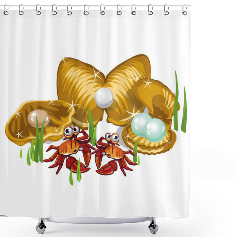 Personality  Three Gold Shells With Pearls And Crabs Shower Curtains