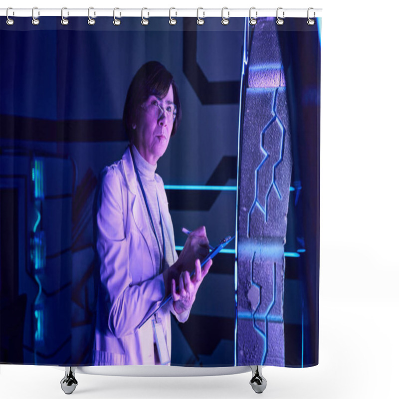 Personality  Futuristic Concept, Thoughtful Woman Scientist Writing On Clipboard In Neon-lit Discovery Center Shower Curtains