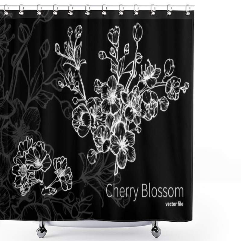 Personality  Cherry Blossom Vector Line Art For Backgrounds, Print Or Online Materials. Hand Drawn Vector Outline Of This Beautiful Flower In White On Black Background. Template For Cards, Banners Or A Beautiful Elegant Background.  Shower Curtains