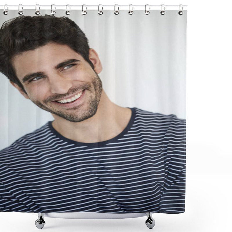 Personality  Smiling Blue Eyed Guy Ins Striped Top, Looking Away Shower Curtains