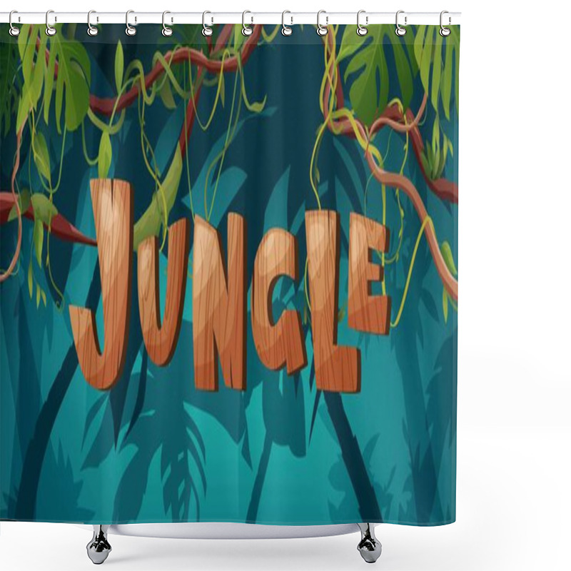 Personality  Jungle Hand Lettering Wooden Text. Textured Cartoon Letters. Liana Or Vine Winding Branches. Rainforest Tropical Climbing Plants. Shower Curtains