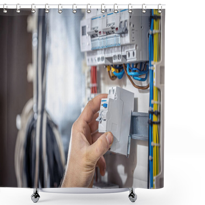 Personality  A Male Electrician Works In A Switchboard With An Electrical Connecting Cable. Shower Curtains