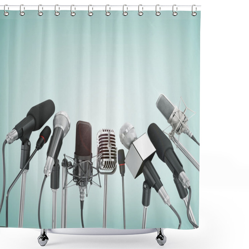 Personality  Various Microphones Aligned At Press Conference. Shower Curtains