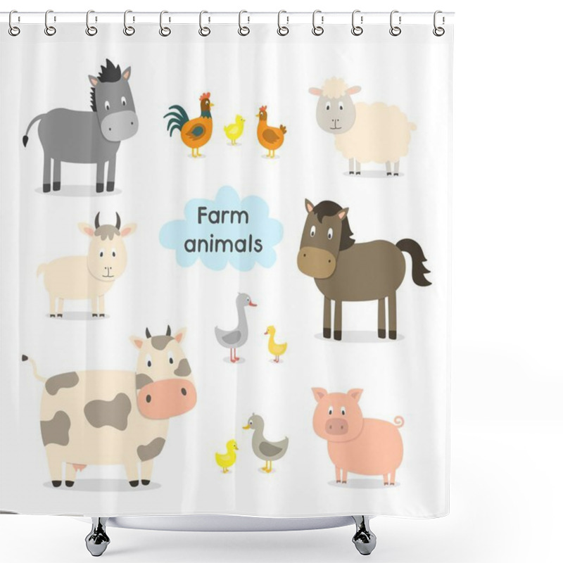 Personality  Farm Animals Set In Flat Style Isolated On White Background, Vector Illustration. Cute Cartoon Animals Collection: Sheep, Goat, Cow, Donkey, Horse, Pig, Cat, Dog, Duck, Goose, Chicken, Hen, Rooster. Shower Curtains