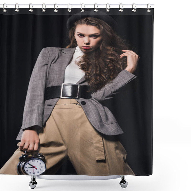 Personality  Fashionable Young Woman Holding Clock And Looking At Camera Isolated On Black Shower Curtains