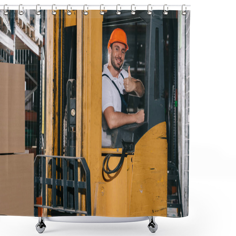 Personality  Smiling Warehouse Worker Showing Thumb Up And Looking At Camera While Operating Forklift Loader Shower Curtains