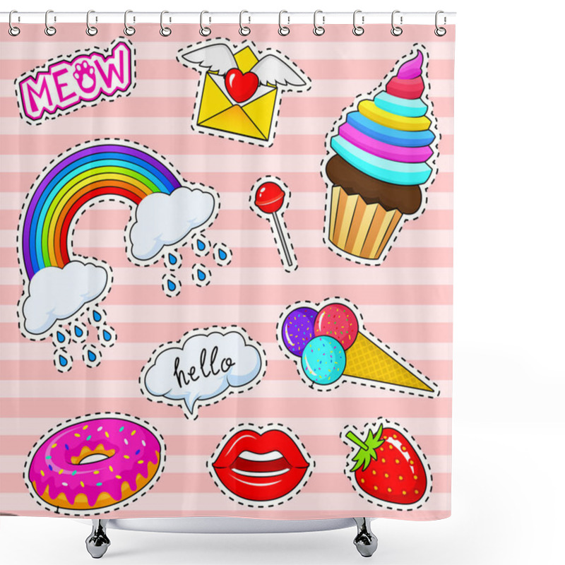 Personality  Set Of Girls Fashion Cute Patches, Fun Stickers, Badges And Pins. Collection Different Elements. Rainbow Capkake Lips Ice Cream Donut Meow Strawberries For Princess. Vector Trendy Illustration. Shower Curtains