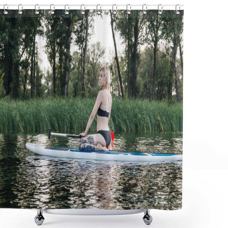 Personality  Blonde Tattooed Girl Sitting On Paddle Board On River Shower Curtains