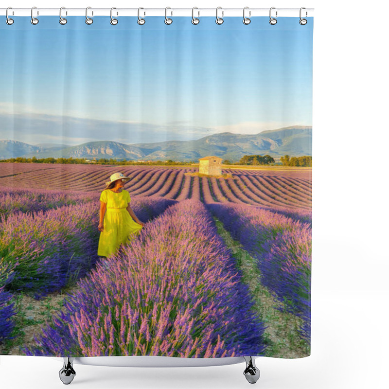 Personality  A Serene Moment Unfolds As A Woman Dressed In Vibrant Yellow Strolls Among Endless Rows Of Blooming Lavender In Provence. The Golden Hour Casts A Warm Glow Over The Idyllic Landscape. Shower Curtains