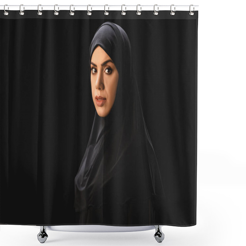 Personality  Side View Of Beautiful Muslim Woman Looking At Camera Isolated On Black  Shower Curtains