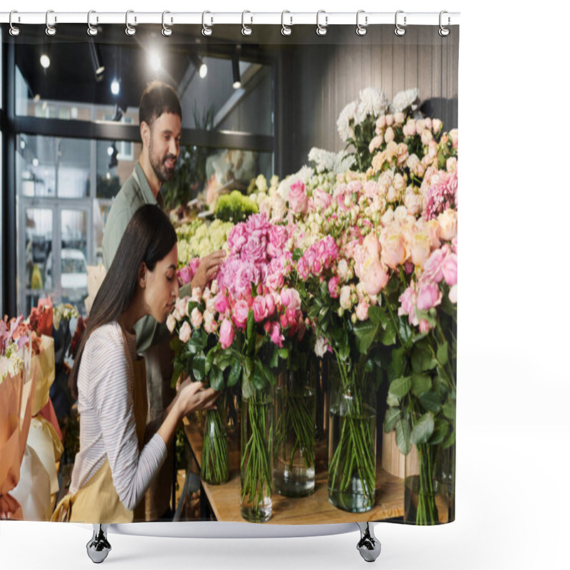 Personality  A Couple Works Together, Arranging Vibrant Flowers In Their Cozy Florist Shop, Showcasing Teamwork. Shower Curtains