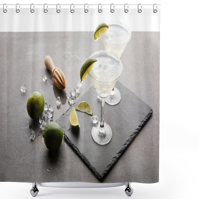 Personality  Close Up View Of Alcohol Cocktails With Pieces Of Lime, Ice Cubes And Wooden Squeezer On Grey Tabletop Shower Curtains