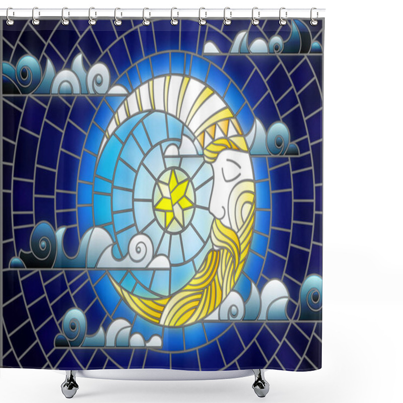 Personality  Illustration In Stained Glass Style With Moon On Cloudy Sky Background, Horizontal Orientation Shower Curtains