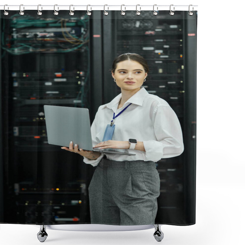 Personality  A Woman In A White Shirt Works On Her Laptop In A Modern Server Room, Ensuring Security. Shower Curtains